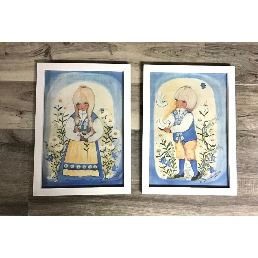 Vintage Marianne Welander 1981 Signed Folk Art Swedish Paintings (2) Boy & Girl